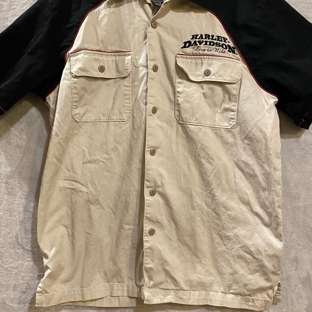 Harley Davidson Shirt Men’s Medium Tan Black Button Down Spellout Live to Ride